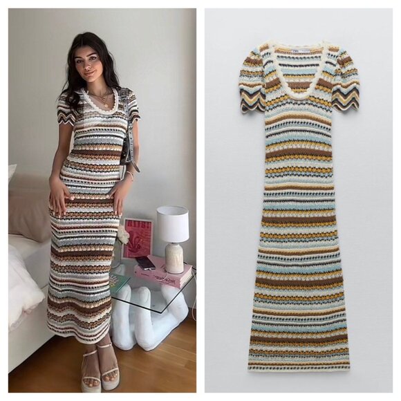 Zara Dresses & Skirts - Zara Crochet Knit Maxi Dress Scallop Puff Sleeve Striped Blue Cream Women's S